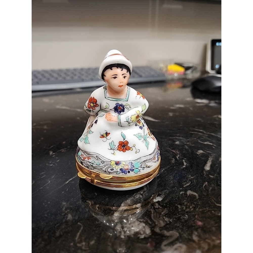 Antique Chantilly Bonbonnierre Woman on Chamber Pot HARD TO FIND Trinket Box
